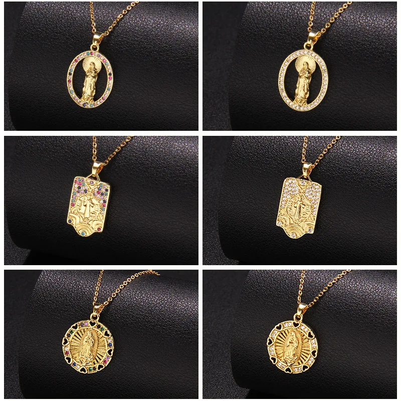 Vintage Religious Jewelry Copper Gold Plated Catholic Christian Micro CZ Zircon Virgin Mary Pendant Necklace