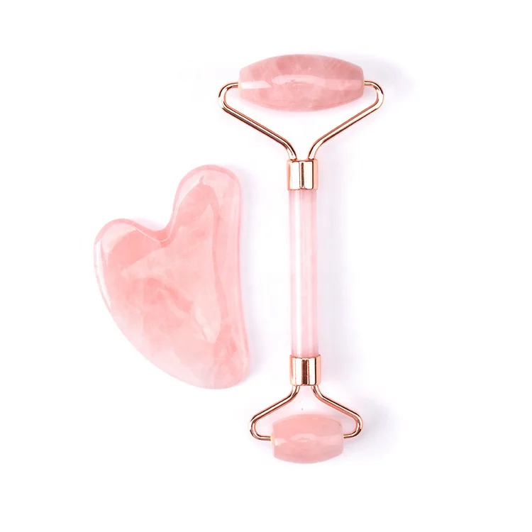 Hanhe Wholesale Face Massage Roller Guasha Set Custom Logo Natural Stone Facial Massager Rose Quartz Jade Roller and Gua Sha Set