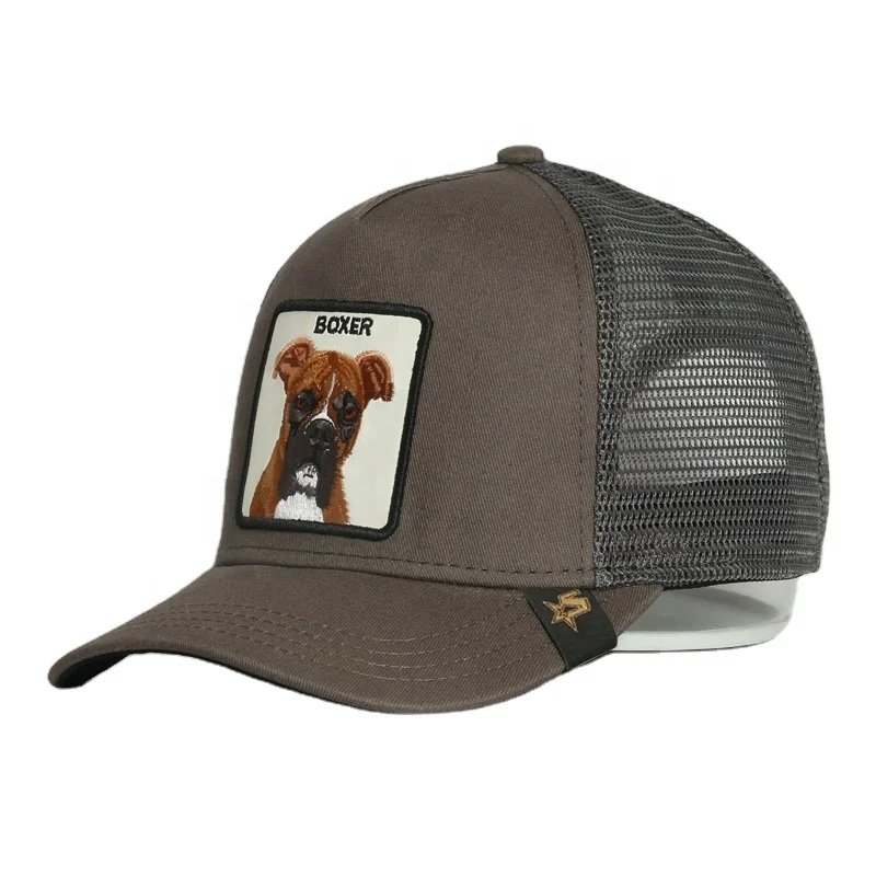 Wholesale Custom 5 Panel Animals Farm Khaki Cotton Boxer Dog 3D Embroidery animal Mesh Trucker Hat Sport Cap and Hat