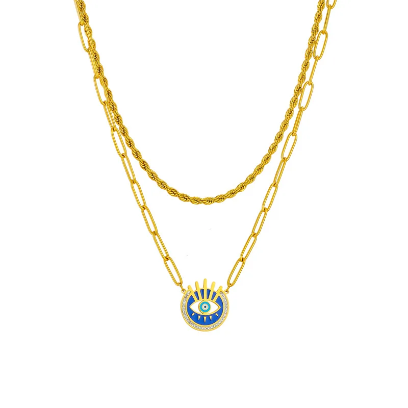 Stainless Steel Gold Blue Eyes Pendant Layered Necklace Handmade Protection Jewelry Amulet Adjustable Layering Chain  AM1011083