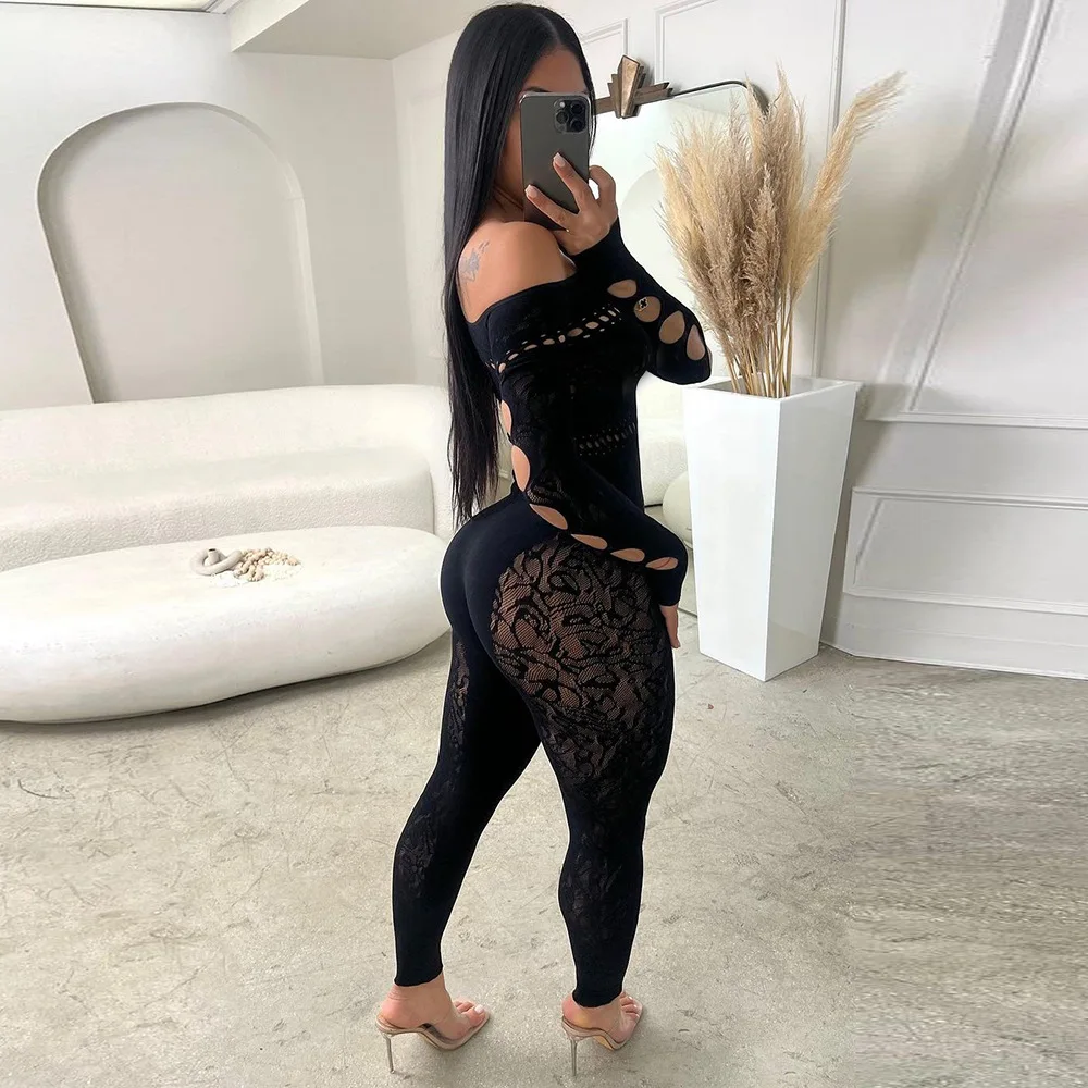 Peeqi 9833JD fashion women hollow out strapless lace mesh see through sexy lingerie jumpsuit one piece romper lady women