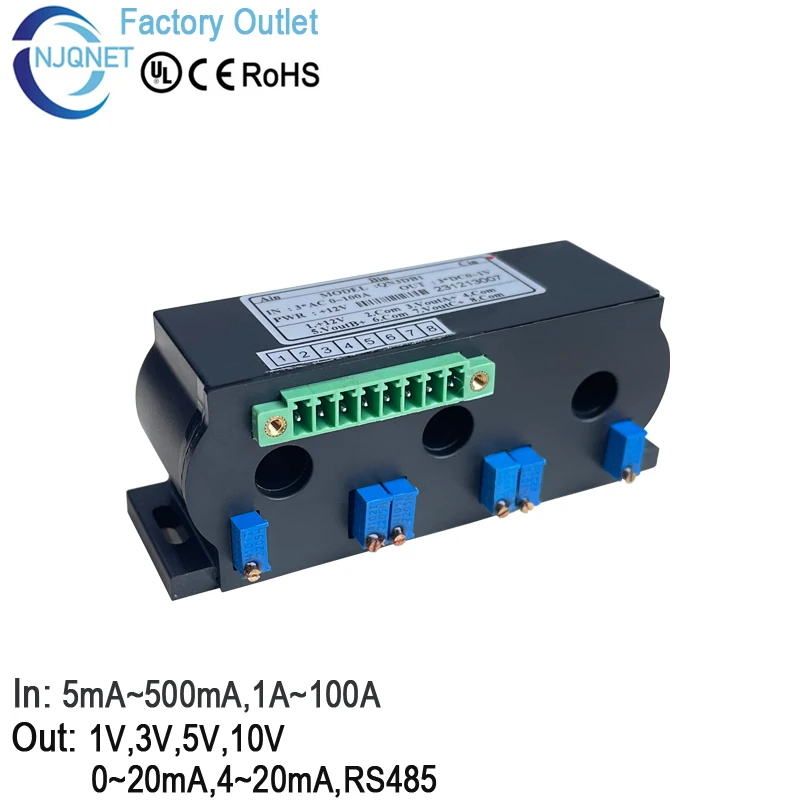 Three Phase Current Sensor QN3DB1 AC 1A 5A 10A 20A 50A 100A / DC 4 20mA 10V 5V RS485 hall Current Transducer Transmitter factory