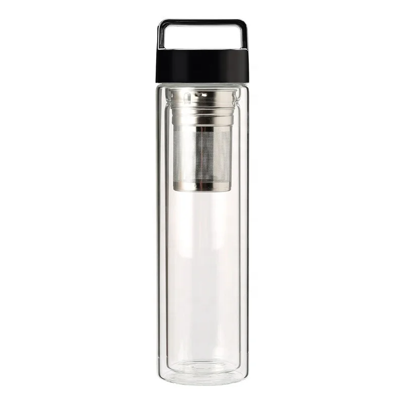 Double tea filter in glass water bottle single layer tea bottle with replaceable lid