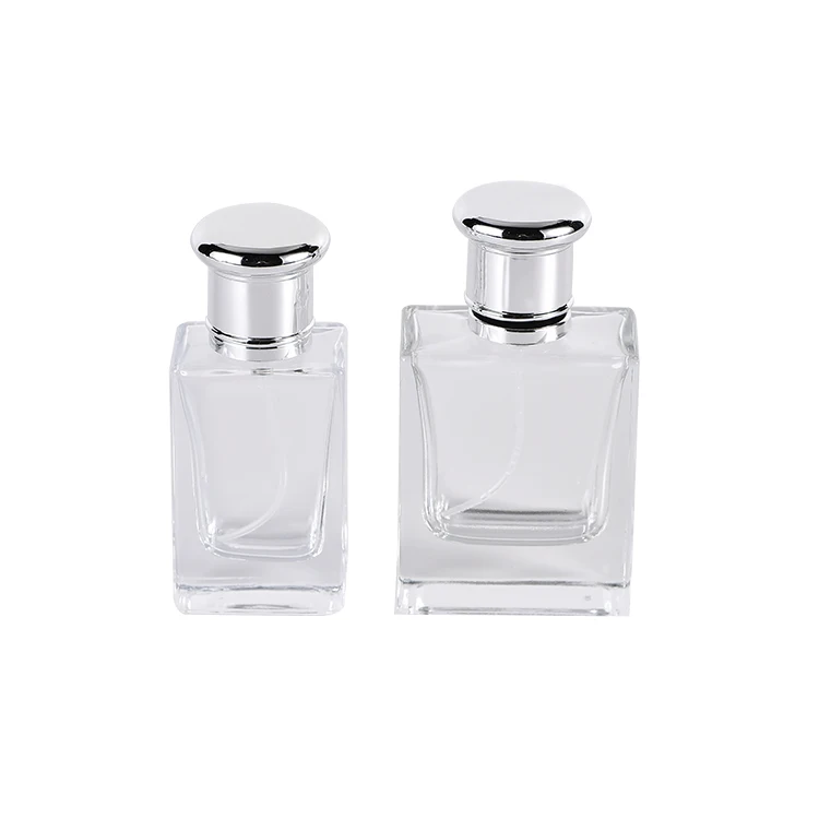Производитель Классическая Роскошная плоская прямоугольная пустая стеклянная бутылка-распылитель для духов 30/50 мл с серебряной крышкой гальваническим