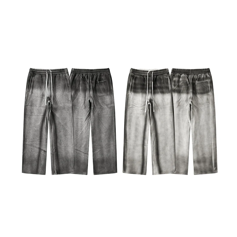 2024 winter mens faded bleach wash pants wide leg cotton fleece oversized sweatpants drawstring jogging straight pants
