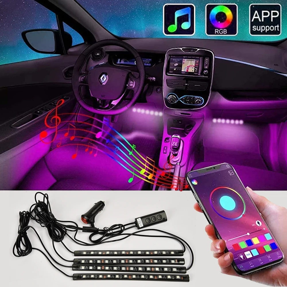 
12V 4pcs 48 LEDs 5050 RGB SMD Over 16 Million Colors Music Sync Car Ambiance LED Lights Interior With Phone APP Control 