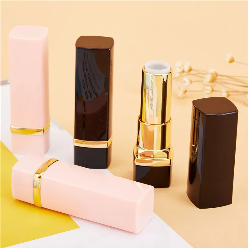 Low moq calibre 12.1mm high-end square bright black pink lipstick tube gold middle ring lip balm tube empty tube empty lipstick