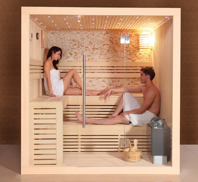 Sunrans solid wood 2 person dry steam sauna room with electric stove for indoor use