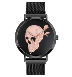 Custom Logo Stainless Steel Material Automatic Wrist Watches Mesh Band Rose Gold Skull Mens Elegant Wrist Watch