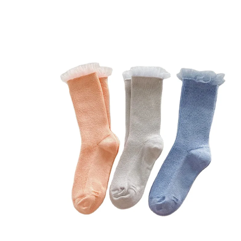 New Design Lace Lovely Princess Socks Solid Color Breathable Knee Length Cotton