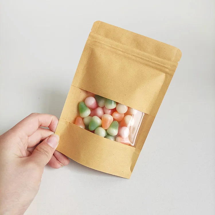 Brown Stand Up Kraft Paper Zip Lock Bag With Clear Window For Food Packaging