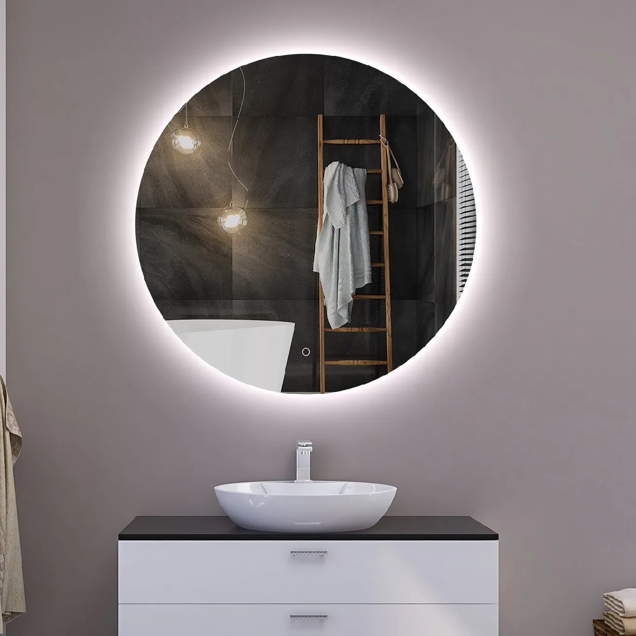 CE OEM ODM  Euro Style Round Backlit Touch Switch Sensor Defogger Bathroom Mirror With Led Light