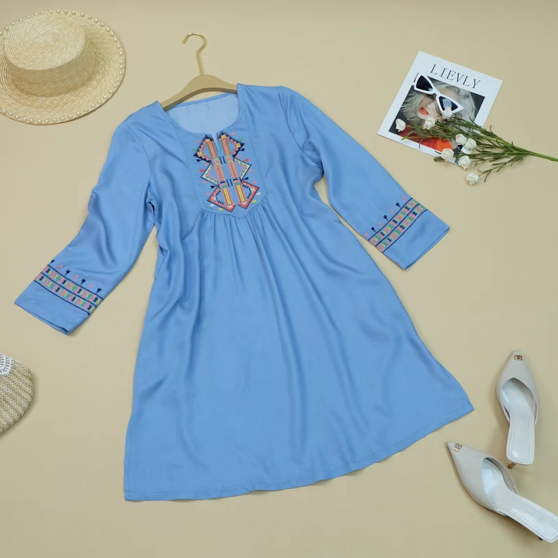 
Dropshipping New Design Women Vintage Embroidery Denim Fabric Loose Ladies Fall Jeans Dress With Pockets 