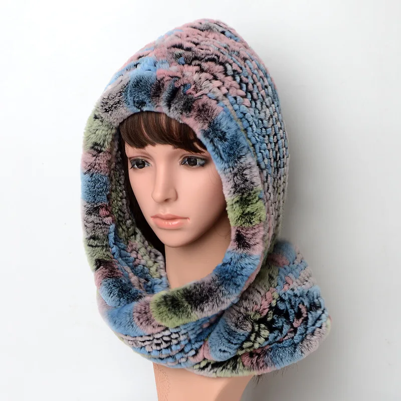 Real Rabbit Fur Tie Dye Hood Handmade Snood Scarf for Women Wholesale Warm Winter Colorful Fuzzy Fur Infinity Scarf Hat Set