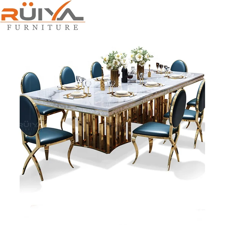 Italy European Style dining table sets marble gold stainless steel white dining table set marble top luxury