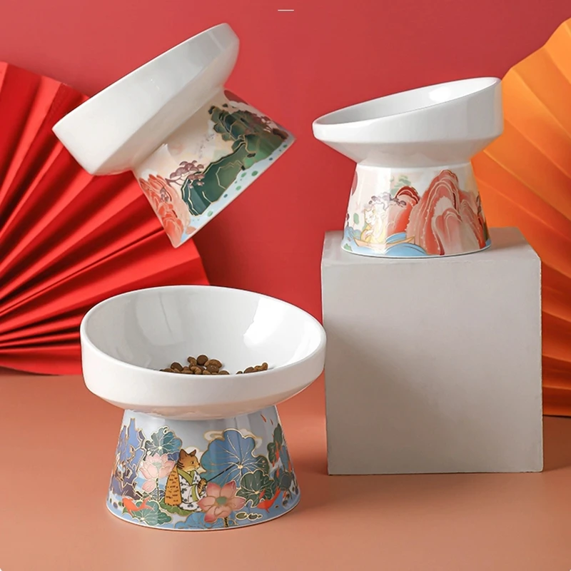 Ceramic Cat Bowl Feeder with Mat Raised Stand Bone China Cervical Protect Food Water Ceramic Bowl for Cat Small Dog Pet Supplies