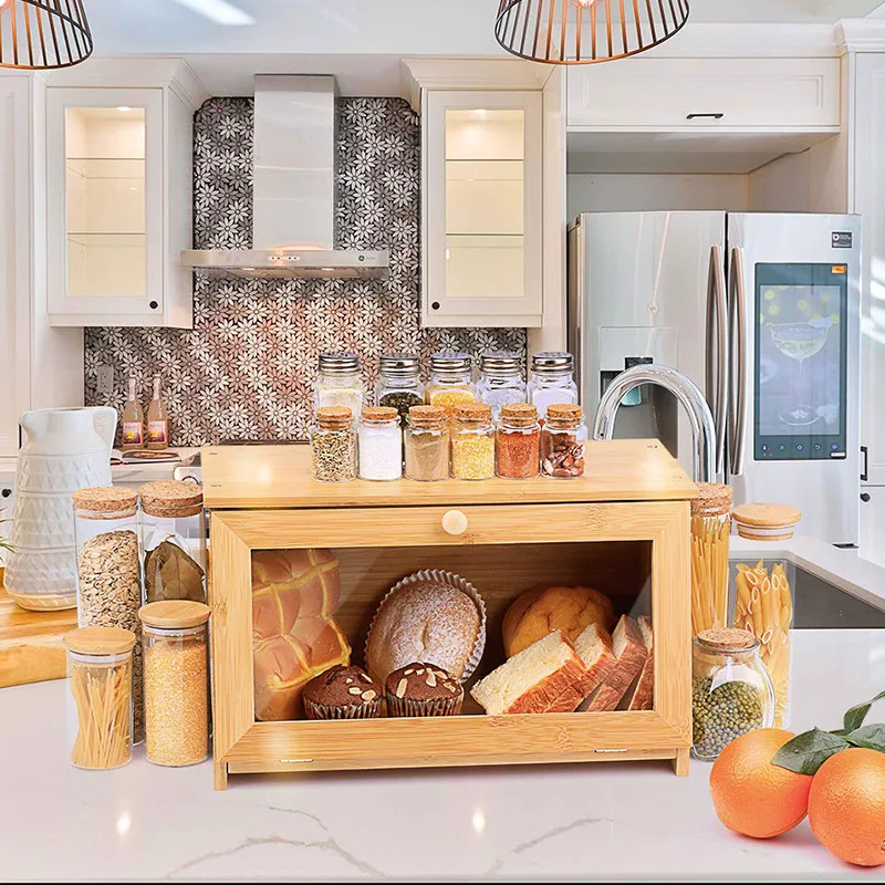 Detachable wood bamboo bread bin for kitchen accessories wooden bread storage container for home bread shop