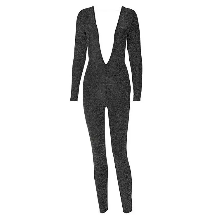 Clothes Festival Outfit Rave Hot Selling Deep Neck Long Sleeve Bodycon Jumpsuit Backless Rompers Women