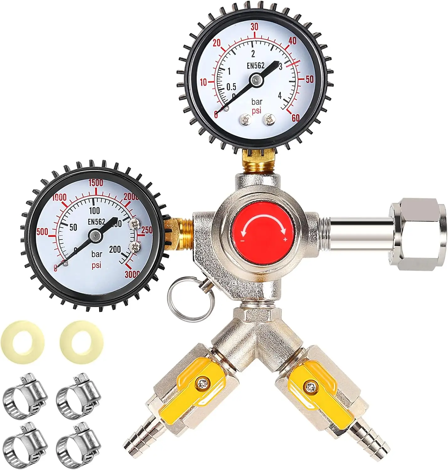 CGA320 Y Type CO2 Regulator,  Adjustable Pressure Regulator with 2 Barbs and Safety Valve for Draft Beer Homebrew