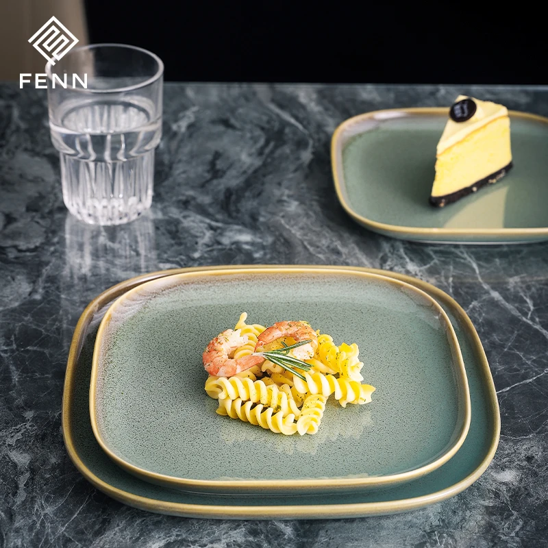 Crockery Glaze Surface Rock Japanese Food Serving Tray Ceramic Green 8 Inch 9 Inch 10 Inch Porcelain Big Square Plates