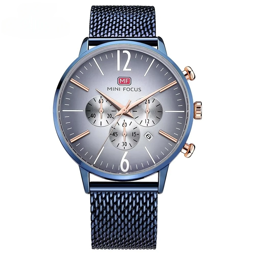 MINI FOCUS 0114 unique blue mens quartz watch perfect Mesh Strap 24 hour date display Ultra thin Casual wrist watch