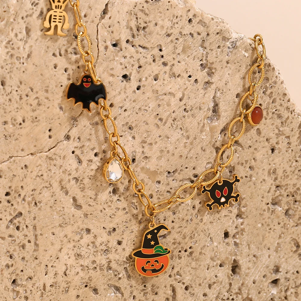 Cartoon cute pumpkin Grimace Bat pendant Stainless teel gold plated Halloween element pendant necklaces