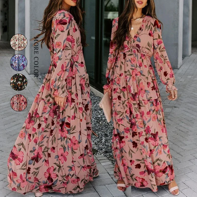 Summer Bohemian Lady Stylish Maxi Long Sleeve Maxi Dress Wild Lotus Ruffle Tiered Floral Womens Dresses for Ladies