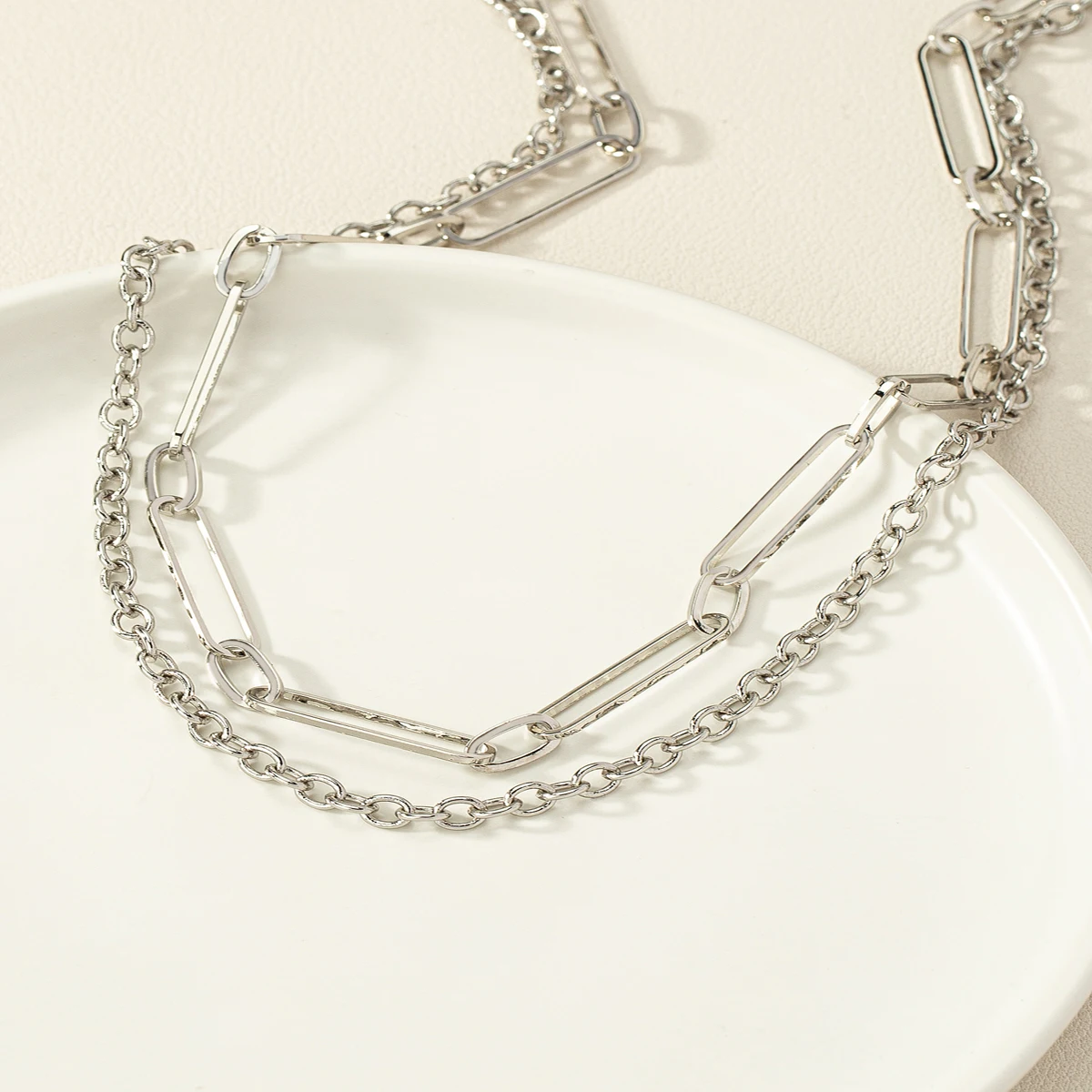 Factory Custom Hip hop multi-layer Chain Necklace Unisex Silver Paper Clip Thick Chain Necklace