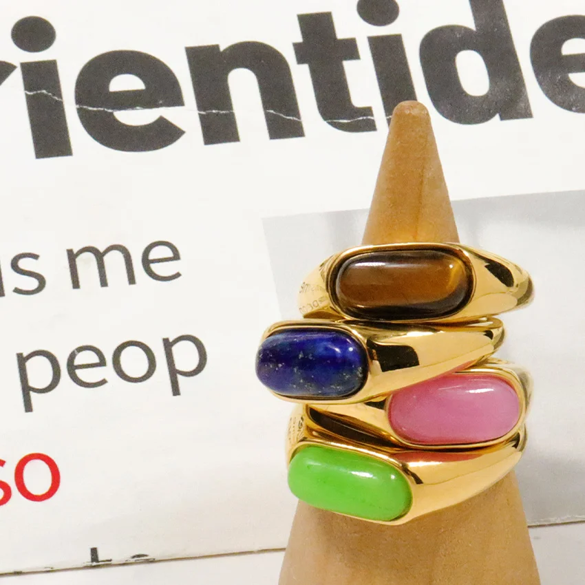 18k Gold Plated Jewelry Colorful Crystals Healing Stones Stainless Steel Rings Tiger Eye Waterproof Jewelry Natural Stone Ring