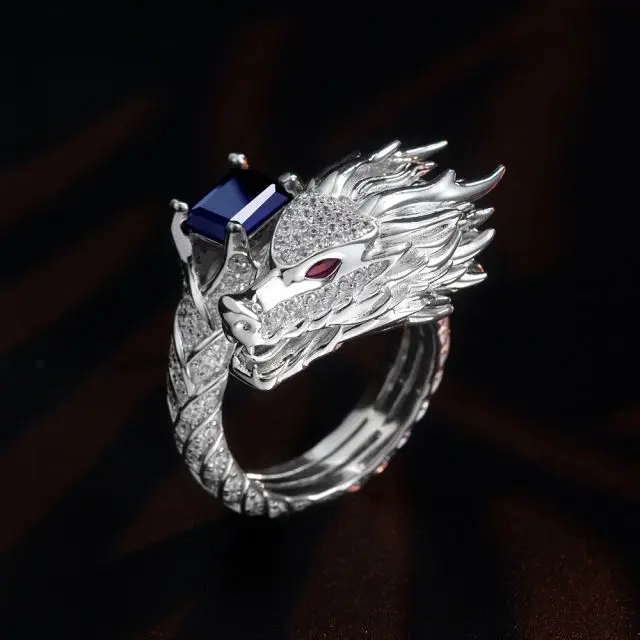 925 стерлингового серебра кубического циркония CZ Ретро доминирующее кольцо с головой дракона белое позолоченное кольцо дракона