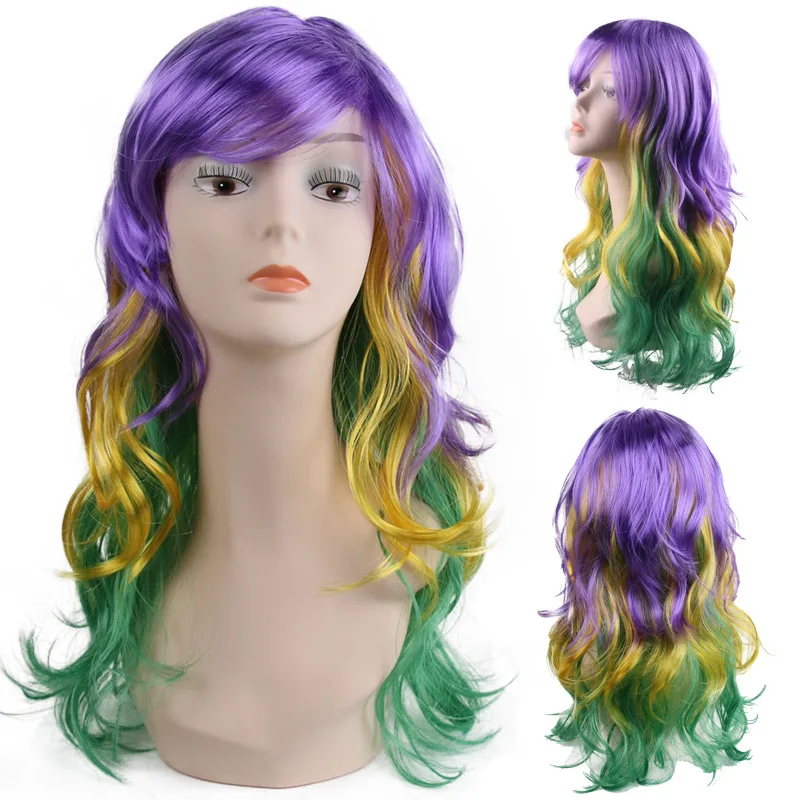 Women Girl Mardi Gras Party Costume Wig Purple Green and Yellow Colored Wavy Curly Cosplay Wig
