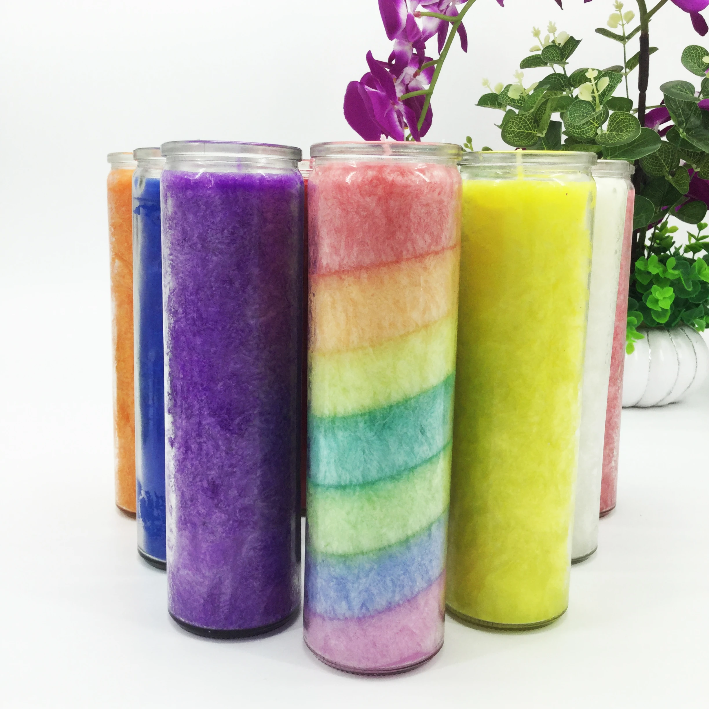 Красочные 7 дней религиозные молитва стеклянный контейнер свечи Премиум Восковые Свечи 2,3 дюйма x 8 дюймов