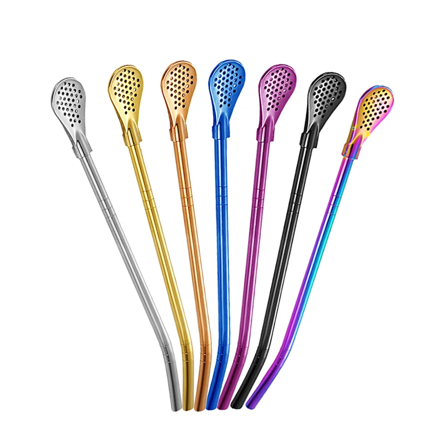 304 Stainless Steel Drinking Straws Filtering Metal Spoon Straw for Bubble Tea Juice Soup