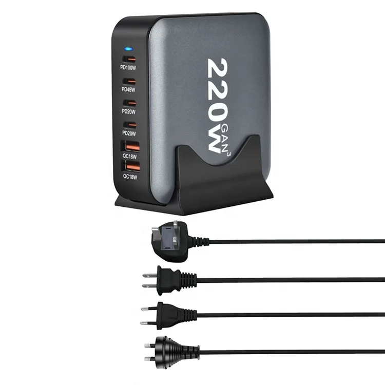 Hot Selling GaN 220W PD QC3.0 Usb Charger USB C 6 Ports For iphone  Mobile Phone Tablet Laptop PD USB Wall Charger Adapter