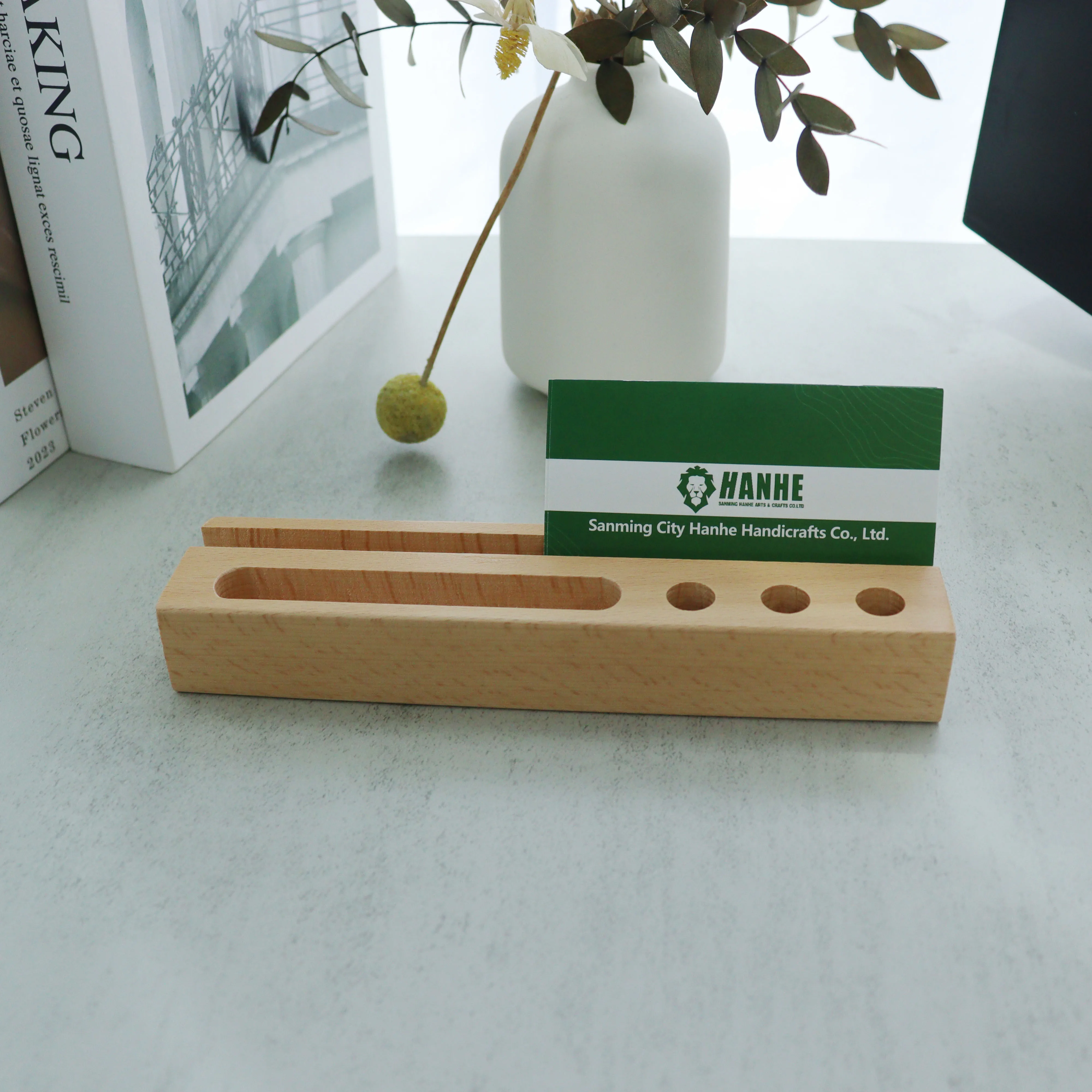 Office desk accessories Multipurpose Wood business name card Pen Stand Pencil Holder Cell Phone Holder Stand Organizer