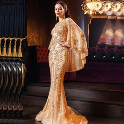 Serene Hill China Manufacturers Gold O Neck Lace Beading Luxury Muslim With Mermaid Evening Gowns For Woman Long Sleeve LA70738