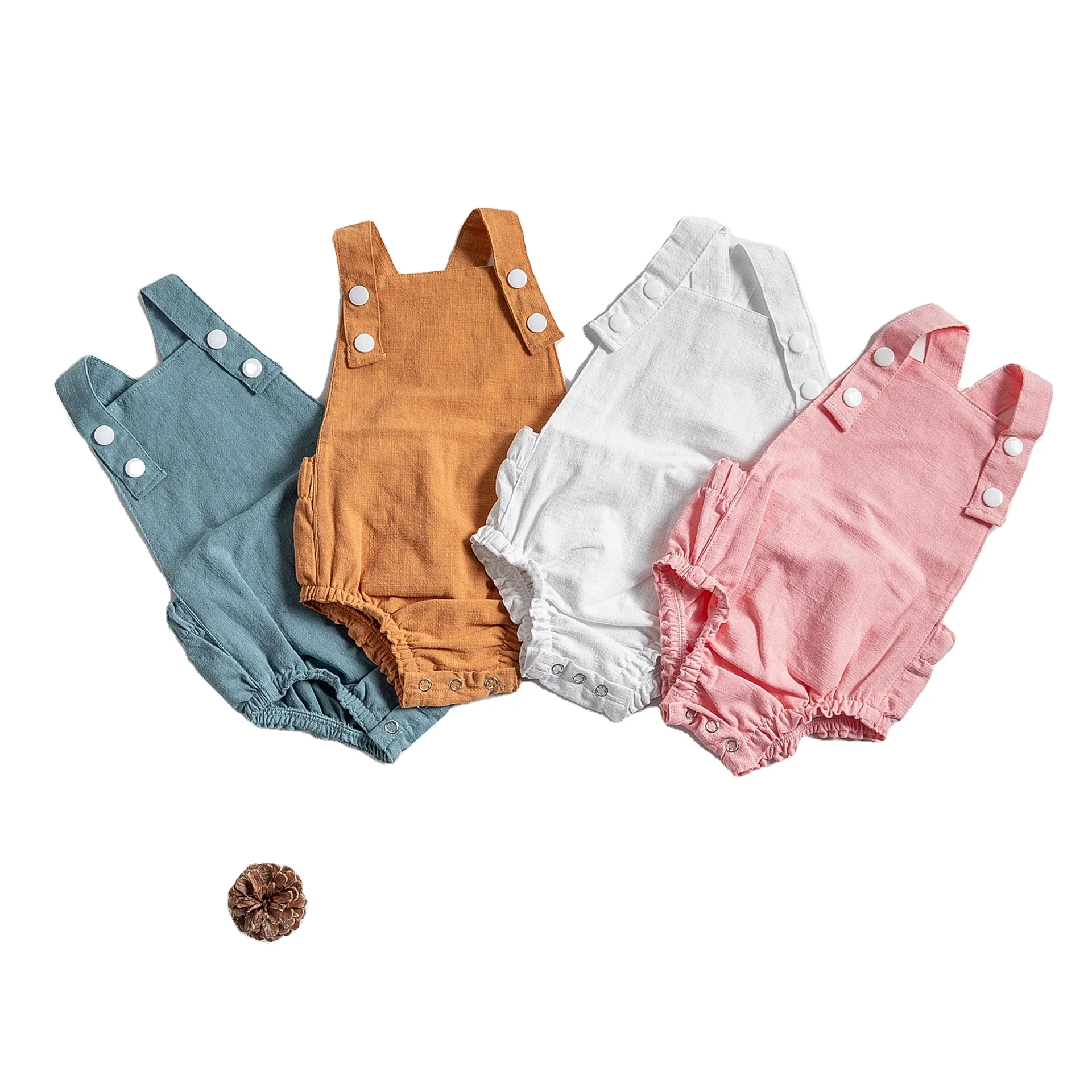 Summer infant girls solid linen romper sleeveless Suspender ruffle braces romper cross back baby girl onesie clothes RTS