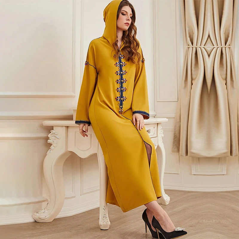 Woven handmade diamond inlaid hooded abaya dress custom rhinestone kaftan abaya dresses
