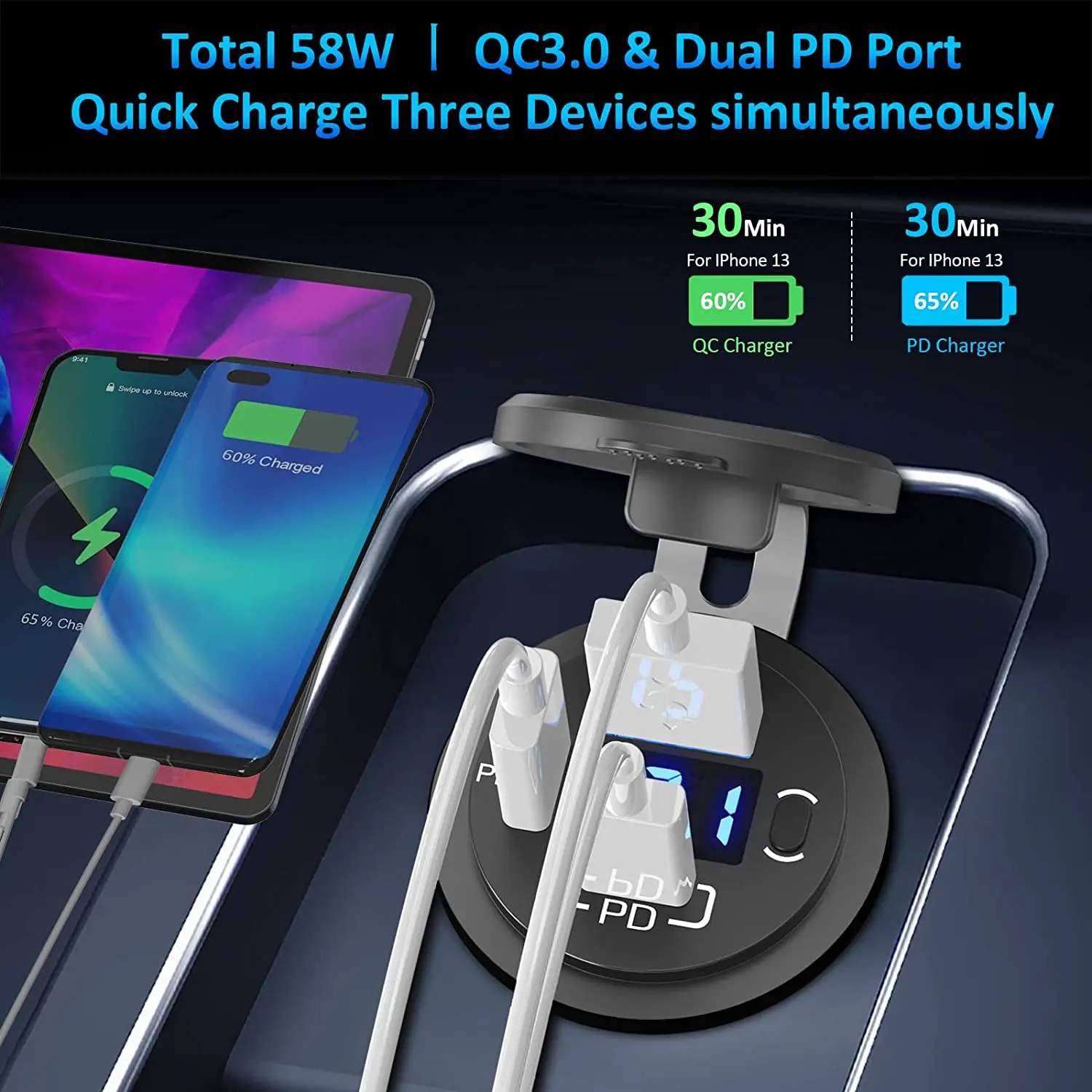 ON OFF Switch Control 3 Port PD USB Type C Car Fast Charger Socket With Voltage Display And Dust Cover