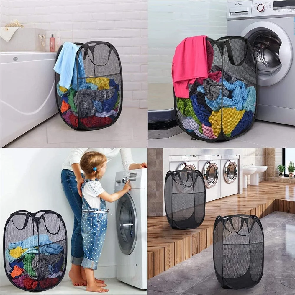 Polyester Foldable pop up hamper bags storage baskets with handle durable mesh collapsible laundry baskets