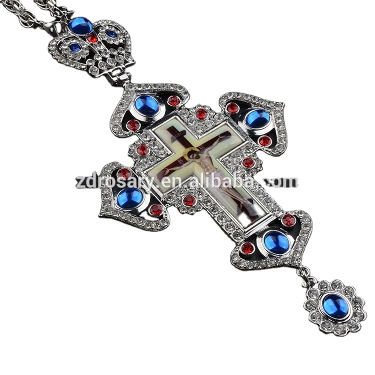 Православное necklace, red, blue and crystal stones, resin, Jesus, exquisite silver plated alloy, greek chest cross