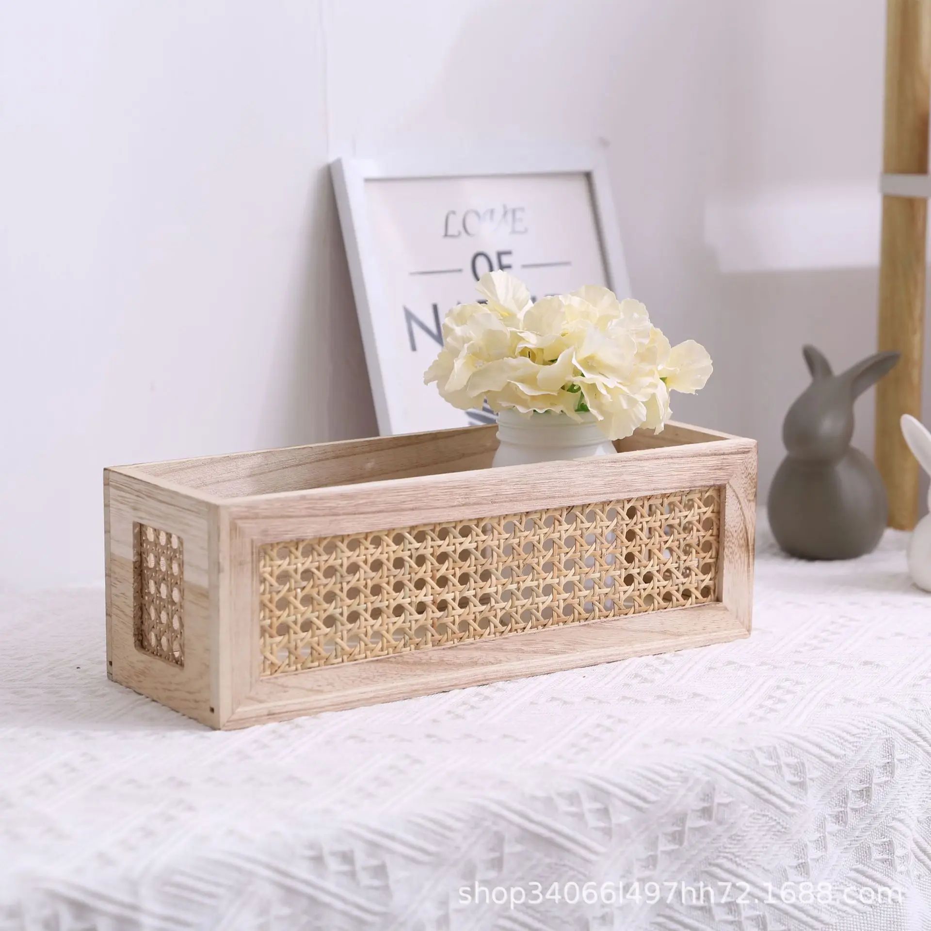 Rustic Natural Acacia Wood Frame Rattan Storage Basket Home Decorative Handmade Can Baskets