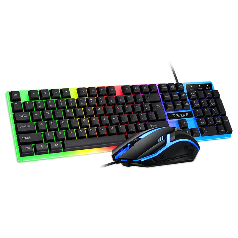 Wired Gaming Keyboard Mouse Gamer Kit PC Gamer Mechanical Feel Keyboards Rainbow Backlight Computer Backlit 104 Keys Keycaps Set