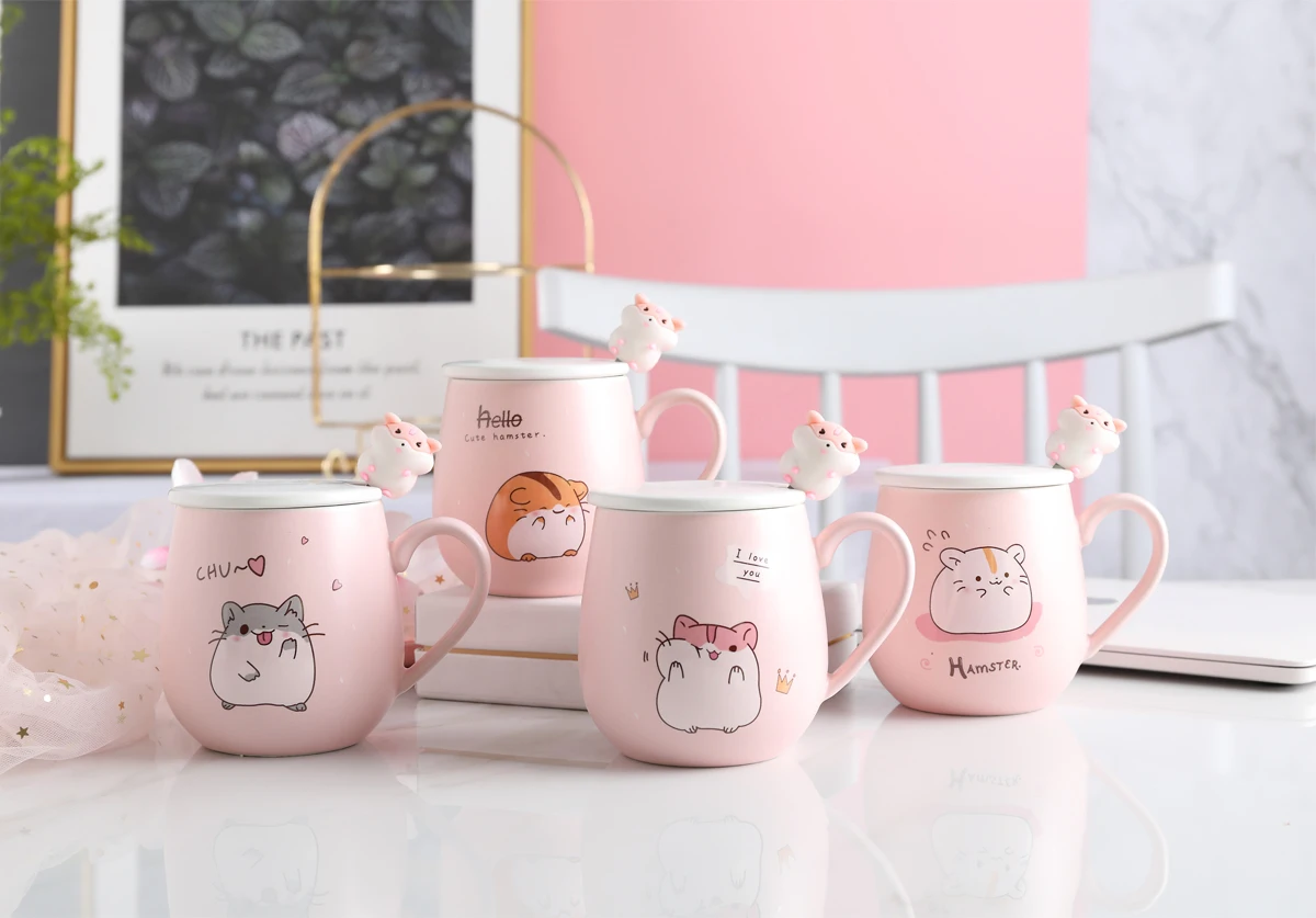 Creative and Practical Cute Cartoon Ceramic Mug with Lid Spoon Milk Unique Gift Coffee Mugs