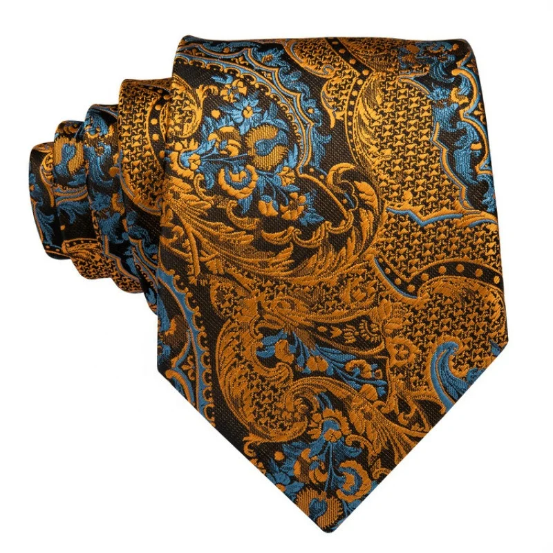 LELE Custom Design Luxury 100% Silk Ties Men Floral Black Gold Paisley Necktie Set For Men