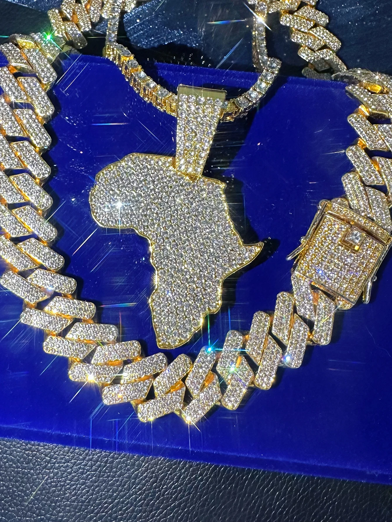 3PCS/SET Big Size Africa Map Pendant Necklace Women Men Hip Hop Layered Necklace Pendant with Tennis Chain