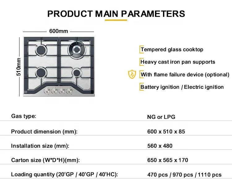 North America Built in Gas hob Manufacturer Stainless Steel Stove 4 Sabaf Burner Cooktop
