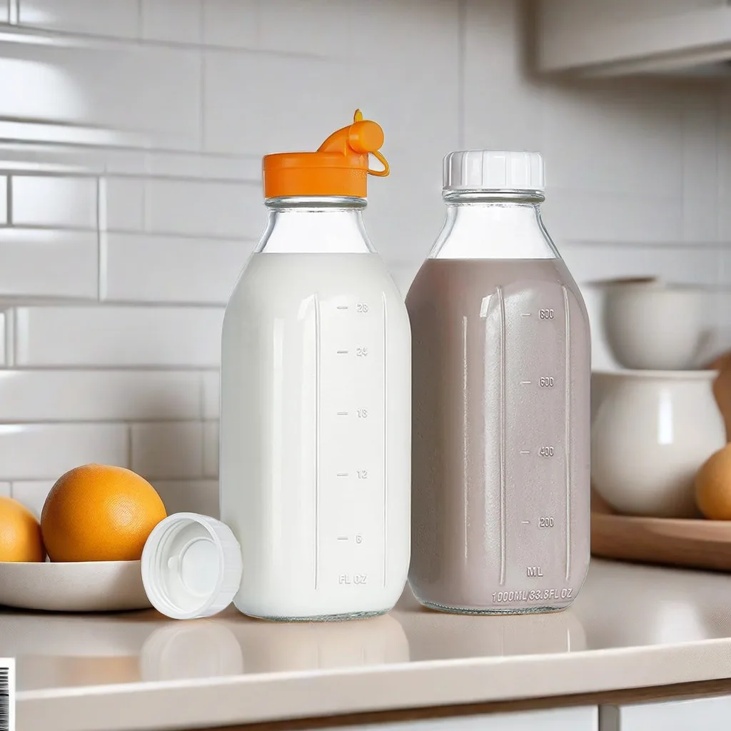 Reusable 8oz 12oz 16oz 32oz 2L Square Glass Milk Bottles With Pour Spout And Airtight Screw Glass Beverage Bottles