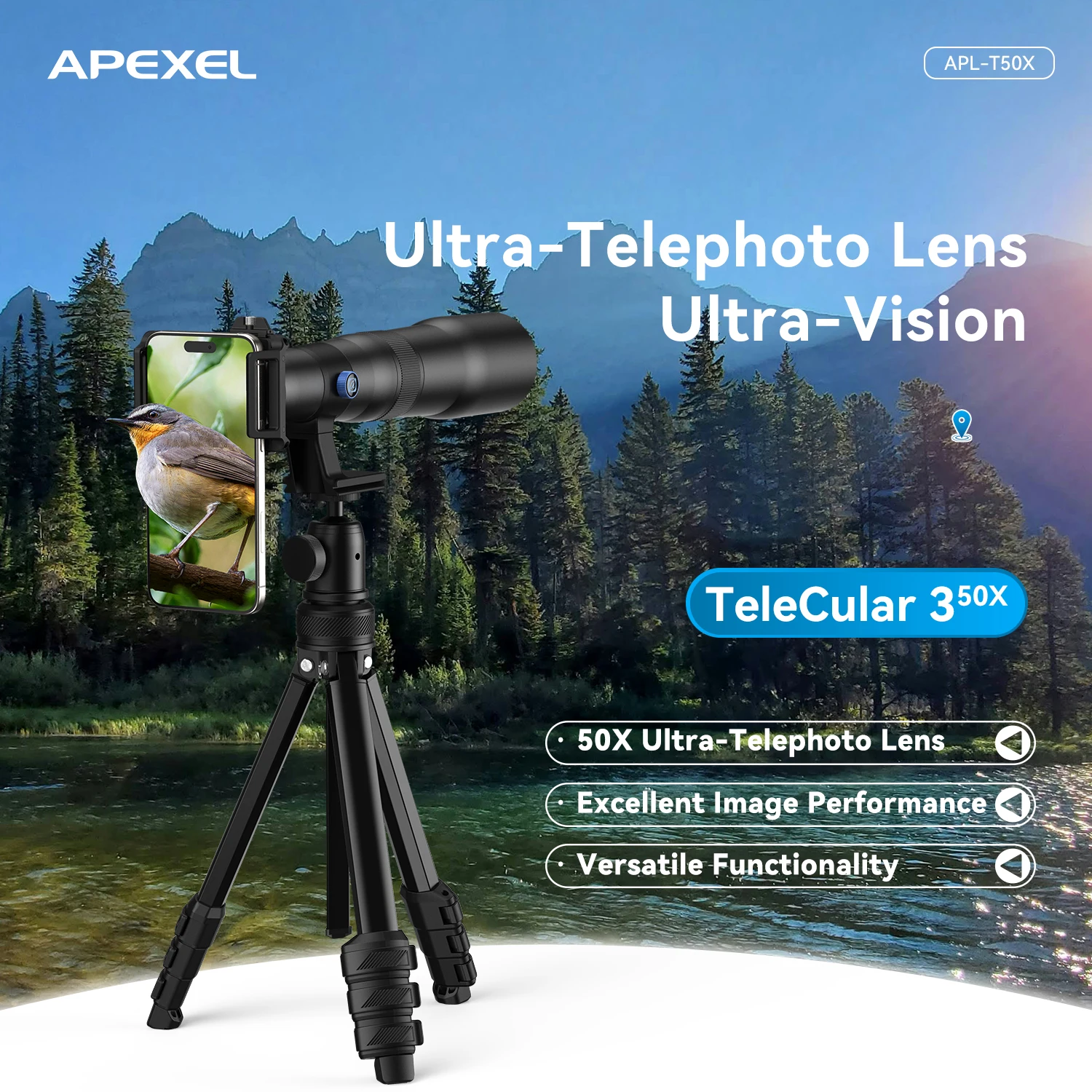 APEXEL New Premium Super Telescope Lens Universal High Power Mobile HD Long Focus 50X Telephoto Monocular Lens with Tripod