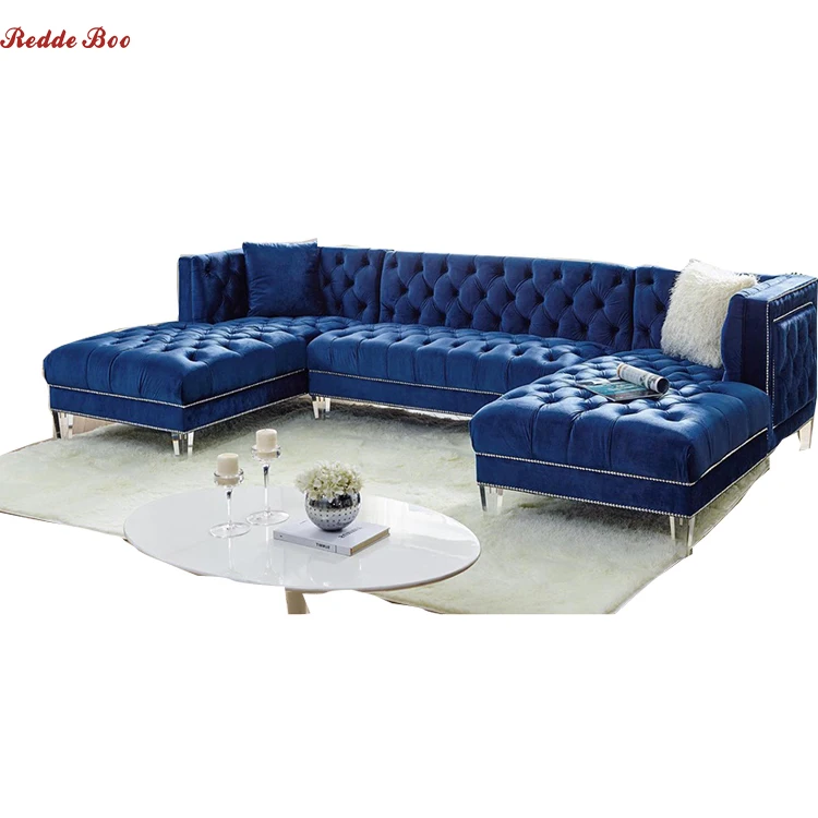 
2021 Modern Italian Unique Luxury Blue Velvet Chesterfield Modular Corner Fabric Sofa 